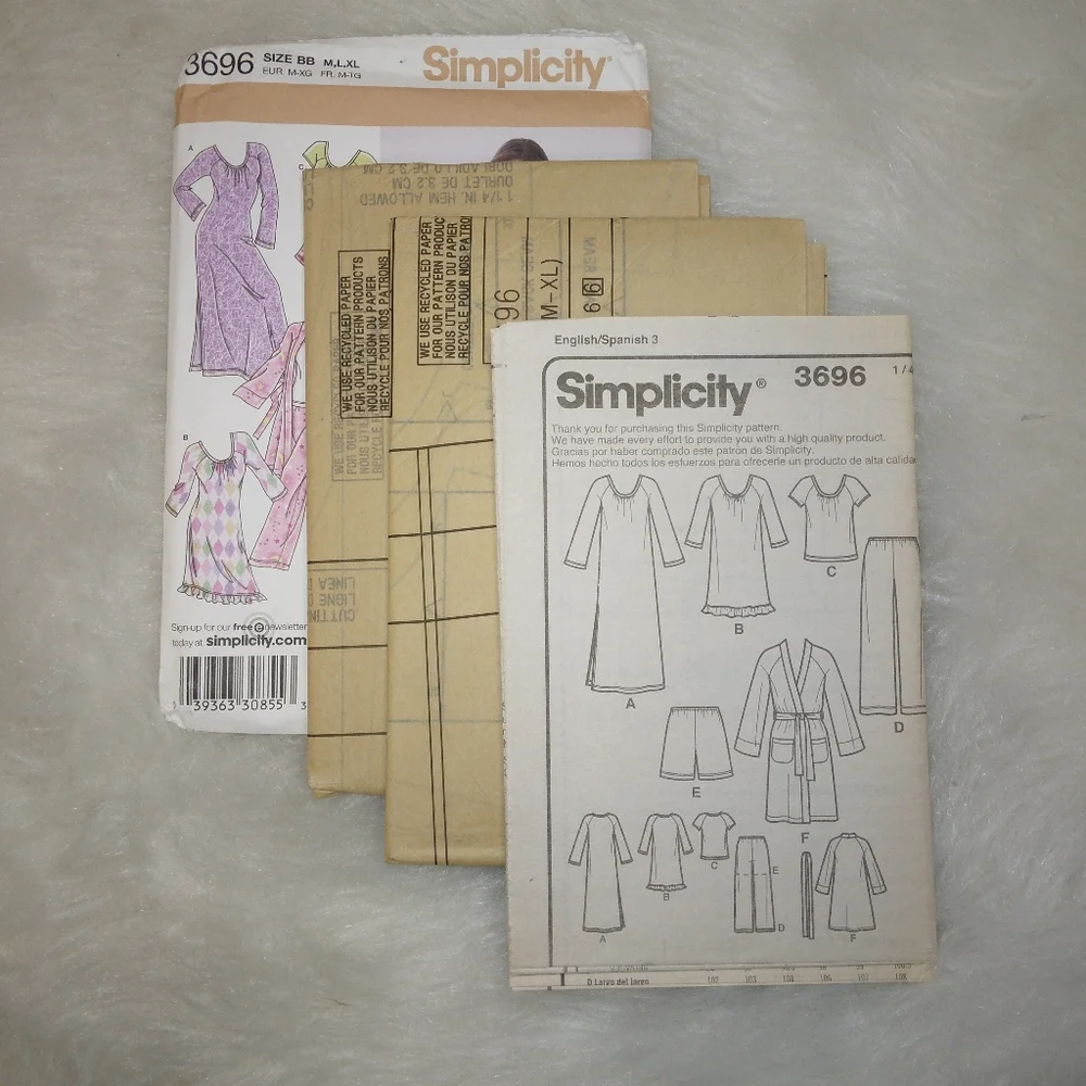 SIMPLICITY 3696 Sz M-L-XL Misses Lounge Pants Shorts Robe & Knit Nightgown & Top